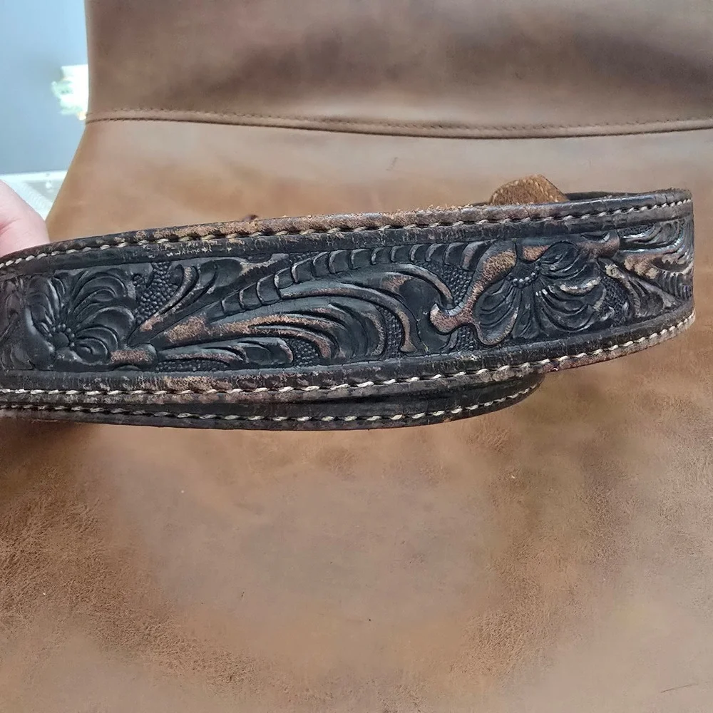 Tony Lama Mens Black Tooled Leather Western Belt Floral Cowboy Size 36